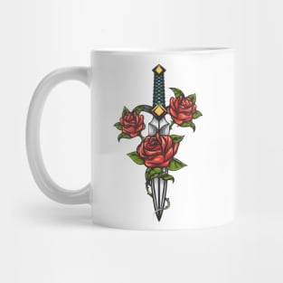 Dagger Knife and Rose Flowers Drawn in Tattoo Style Mug